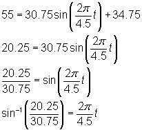 55 = 30.75 sin(2pi/4.5 t) + 34.75; 20.25 = 30.75 sin(2pi/4.5 t); 20.25/30.75 = sin(2pi/4.5 t); sine inverse of (20.25/30.75) = 2pi/4.5 t