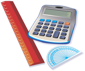 A picture of a calculator, ruler, and a protractor