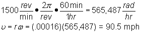 1500 rev/min * 2pi/rev * 60min/1hr = 565,487 rad/hr;        v = rω = 90.5 mph