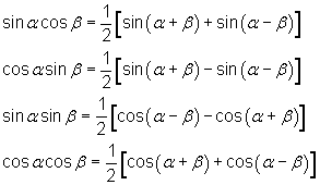 sinα cosβ = 1/2 [sin(α + β) + sin(α - β)];                             cosα sinβ = 1/2 [sin(α + β) - sin(α - β)];                              sinα sinβ = 1/2 [cos(α - β) - cos(α + β)];                              cosα cosβ = 1/2 [cos(α + β) + cos(α - β)]