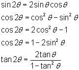 sin2θ = 2sinθ cosθ;  cos2θ = (cosθ)^2 - (sinθ)^2;       cos2θ = 2 (cosθ)^2 - 1;  cos2θ = 1 - 2 (sinθ)^2;           tan2θ = 2tanθ/(1 - (tanθ)^2)