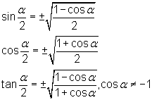 sinα/2 = ± square root of [(1 - cosα)/2];                      cosα/2 = ± square root of [(1 + cosα)/2];                     tanα/2 = ± square root of [(1 - cosα)/(1 + cosα], cosα does not equal -1