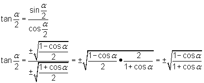 tanα/2 = sin(α/2) / cos(α/2); tanα/2 = (± square root [(1 - cosα)/2])/((± square root [(1 + cosα)/2]) = ± square root [(1 - cosα)/2 * 2/(1 + cosα)] = ± square root [(1 - cosα)/(1 + cosα)] 