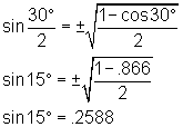 sin30/2 = ± square root [(1 - cos30)/2];  sin15  = ± square root [(1 - .866)/2]; sin15 = .2588